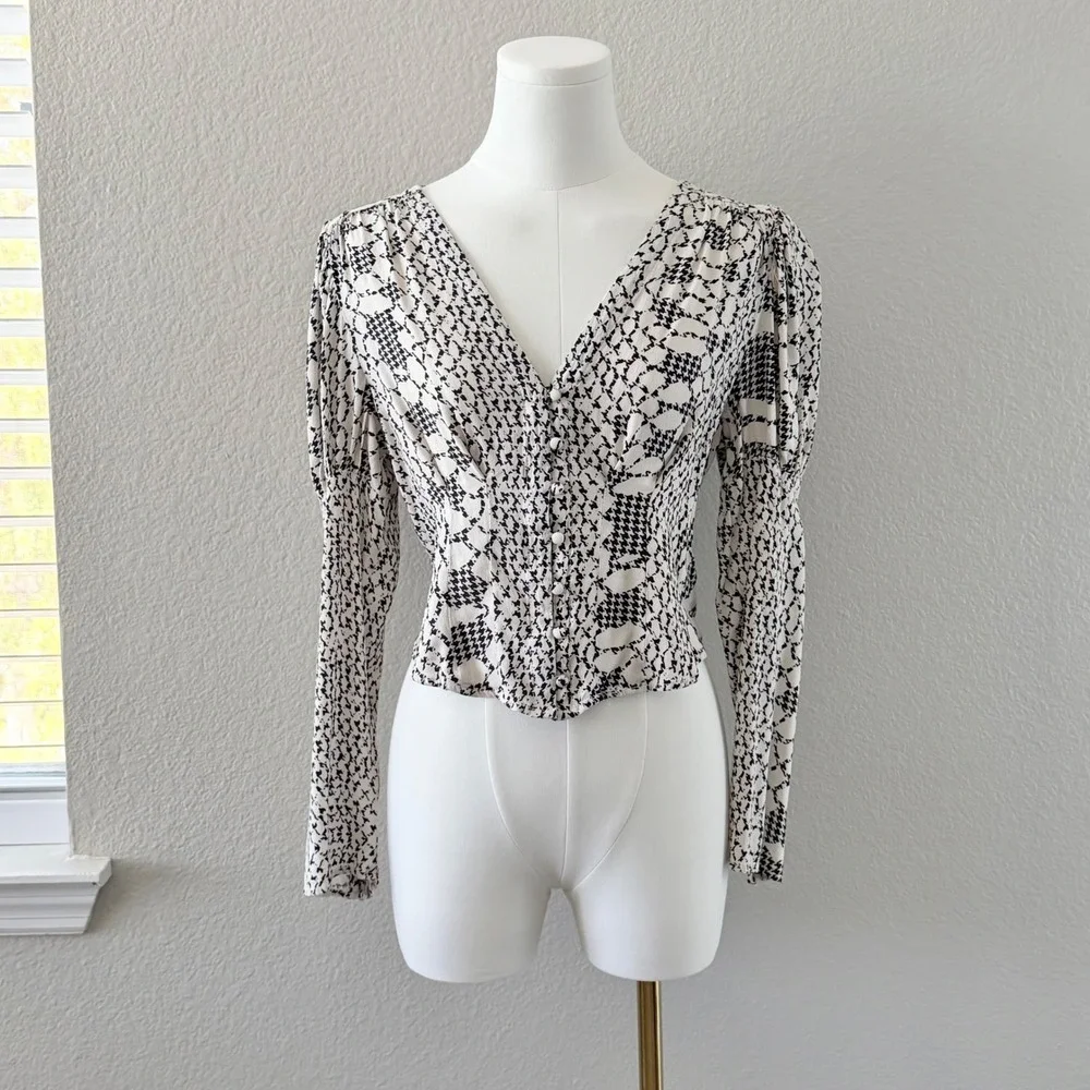 Free People Blouse Houndstooth Snakeskin Puff Long Sleeve Victorian Dark Boho S